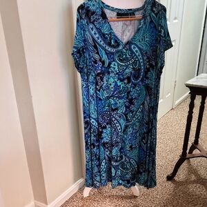 Cynthia Rowley Teal and Navy Paisley Aline Dress 2X Short Sleeve